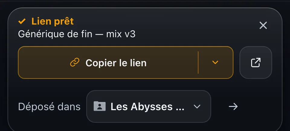 La bande d'envoi au téléphone, à la fin d'un dépôt : « Lien prêt » et le bouton « Copier le lien ».