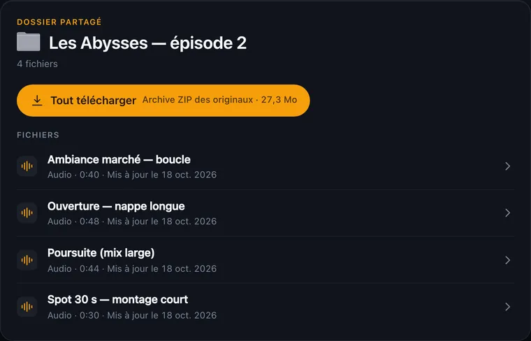 Le lien d'un dossier partagé : quatre fichiers et le bouton « Tout télécharger », archive des originaux.