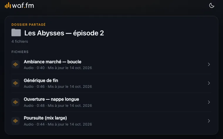 Un dossier partagé à un client : la liste de ses fichiers, avec type, durée et date de mise à jour.